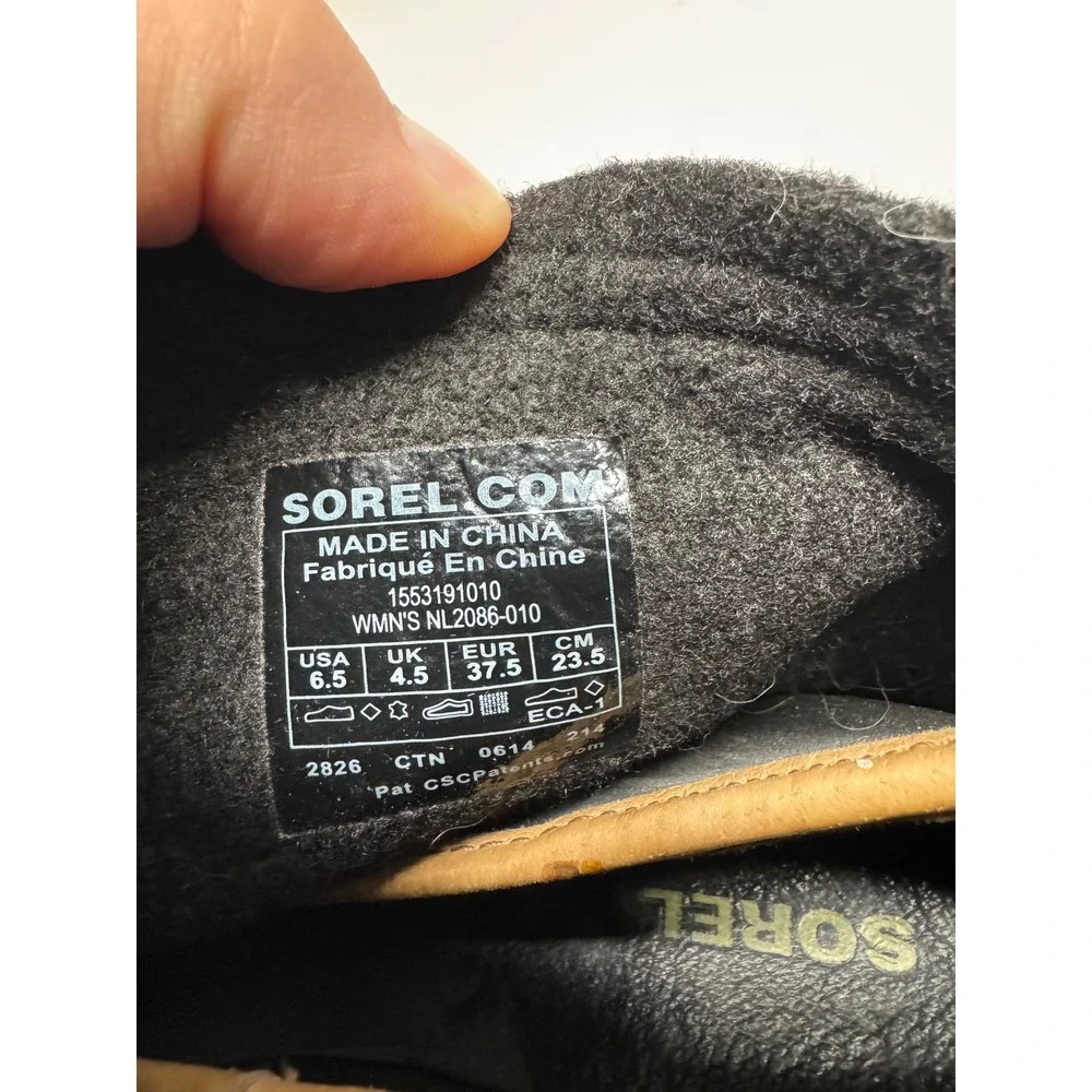 Sorel Medina III Rain Boots Black Tan Gold Heel Ankle Booties‎ Womens 6.5